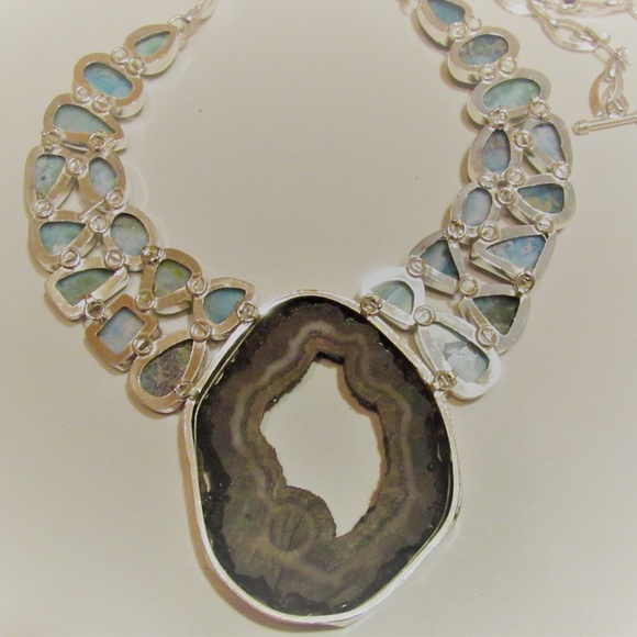 Amazing Larimar Crystal Druzy Agate Slice Necklace - Picture 4 of 8
